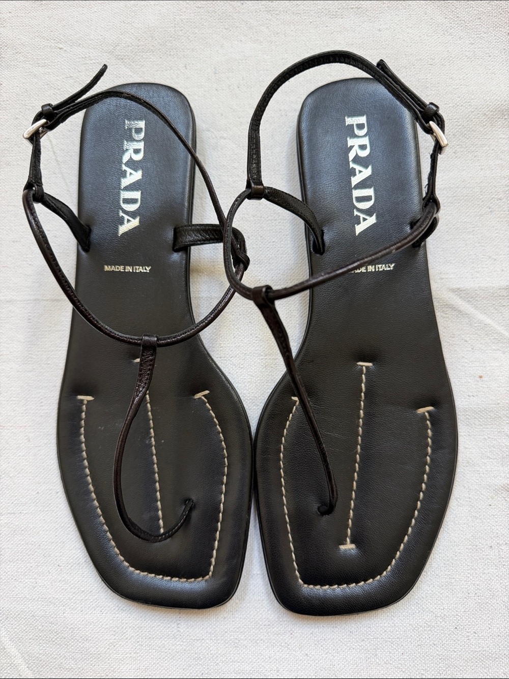 Prada Black Leather Strappy Thong Sandals